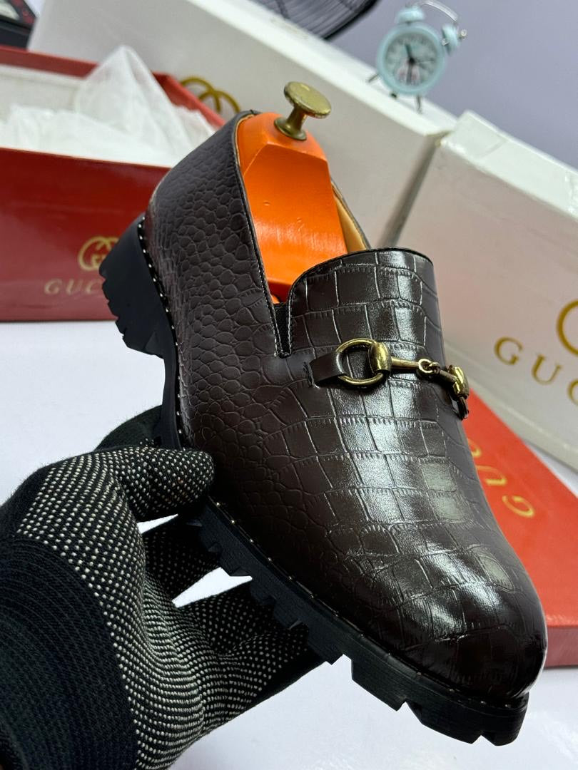 Croc-Embossed Horsebit Loafers - Dark Brown