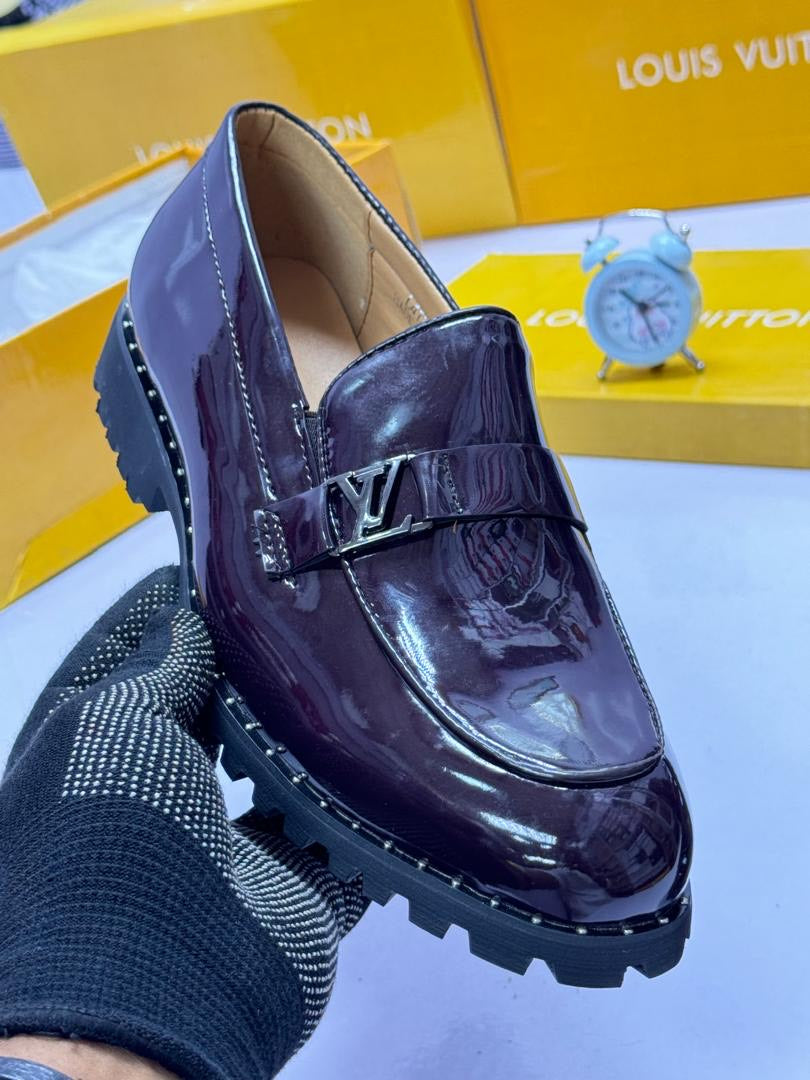 Patent Leather LV Buckle Loafers - Burgundy