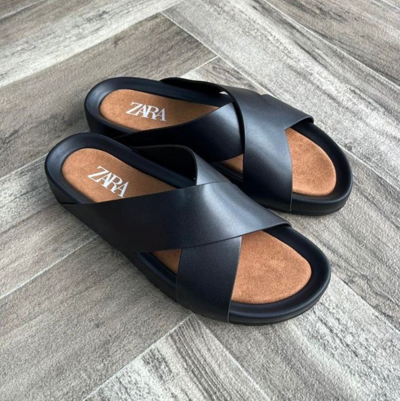 Zara Leather Cross-Strap Slides