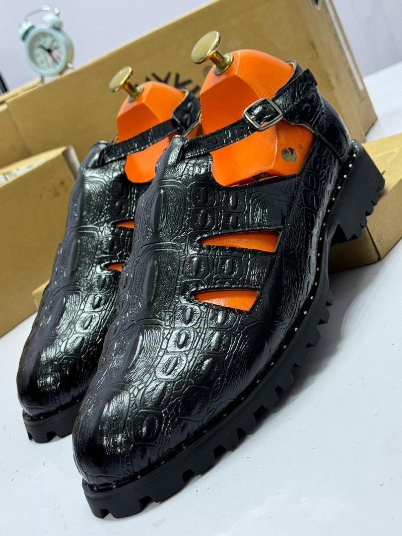 Croc-Embossed Buckle Strap Sandals