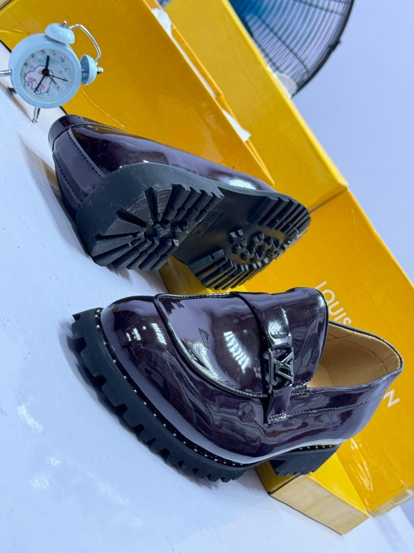 Patent Leather LV Buckle Loafers - Burgundy