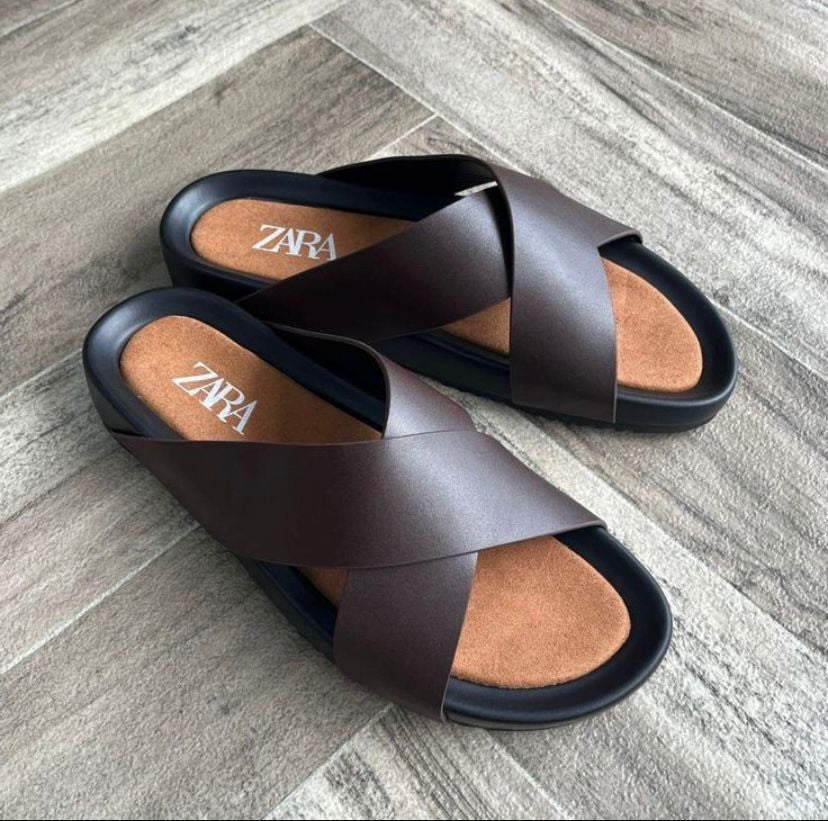Zara Leather Cross-Strap Slides