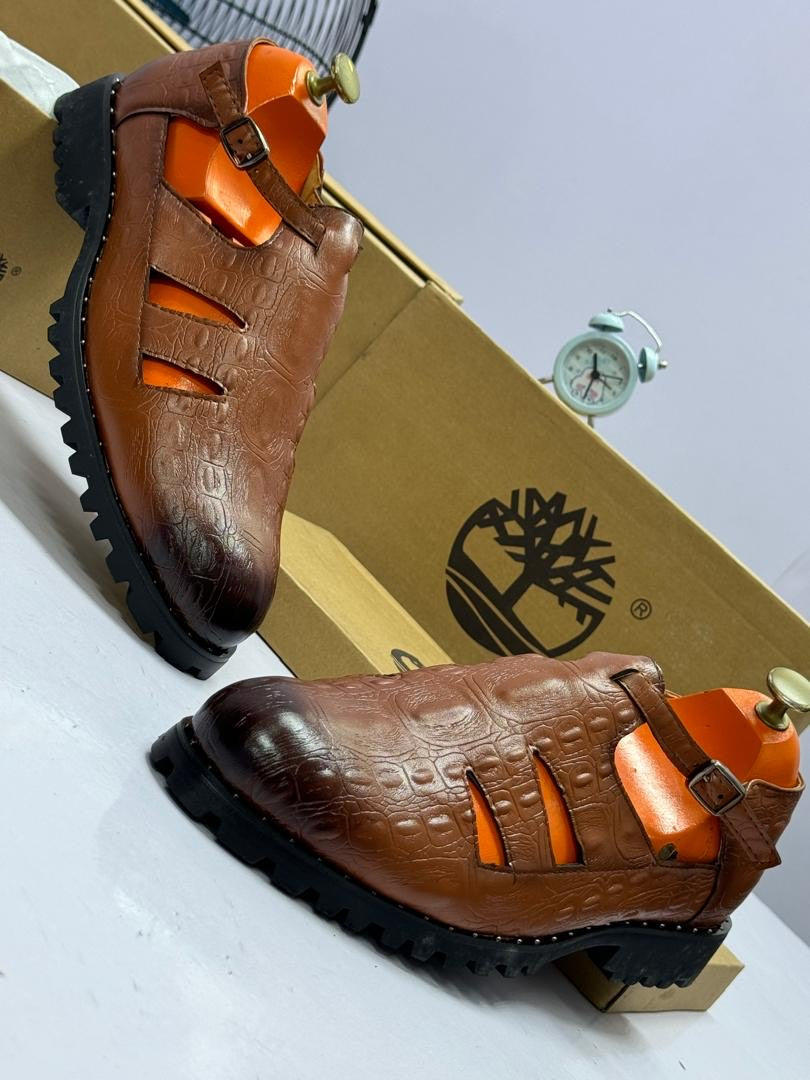 Croc-Embossed Buckle Strap Sandals - Tan