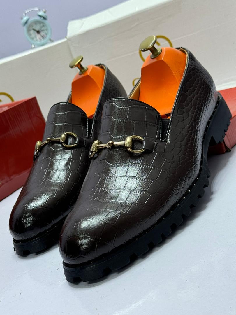 Croc-Embossed Horsebit Loafers - Dark Brown